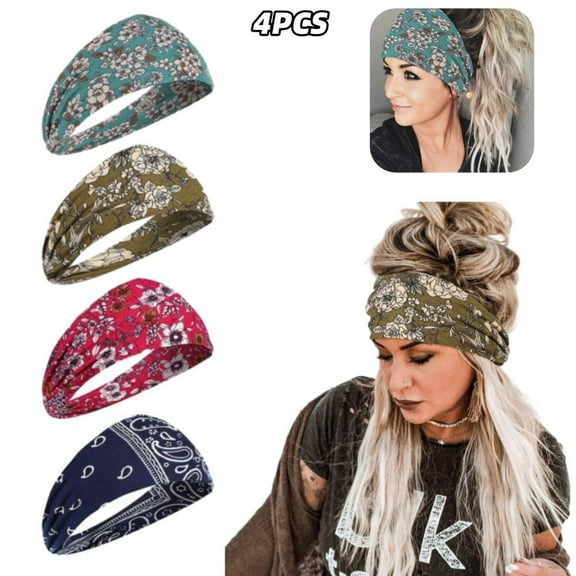 4 PCS Gorgeous Wide Headbands for Women, Boho Bandeau Head Bands, Stylish Sport Workout Head Wraps,Slight Stretch No Slip Hair Wraps Cute Hair Accessories (No Elastic Band)