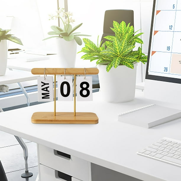 Calendario de escritorio perpetuo de madera, calendario de flip para decoración de oficina
