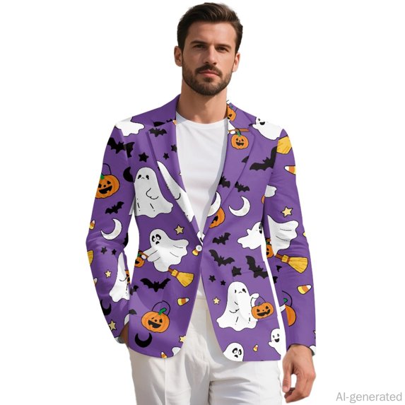 Uourmeti Regular Fit Business Suit Jacket, Ghost Bat Pattern Polyester Slim Fit Men's Business Suit Jacket for Casual Office