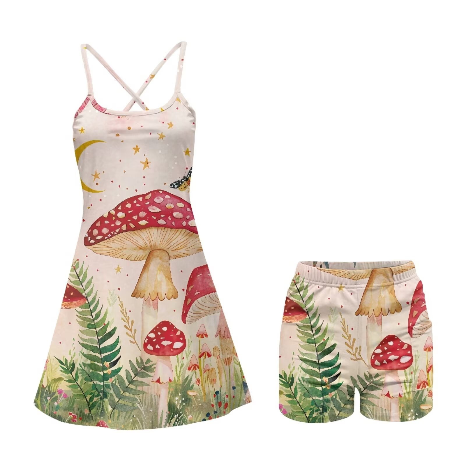 Yuyamidu Aesthetic Mushroom Tennis Dress for Women Size 2XL Moon Spaghetti Straps Womens Athletic Dresses with Shorts 2 Piece Summer Clothes Mini Dress for Yoga/Golf/Tennis