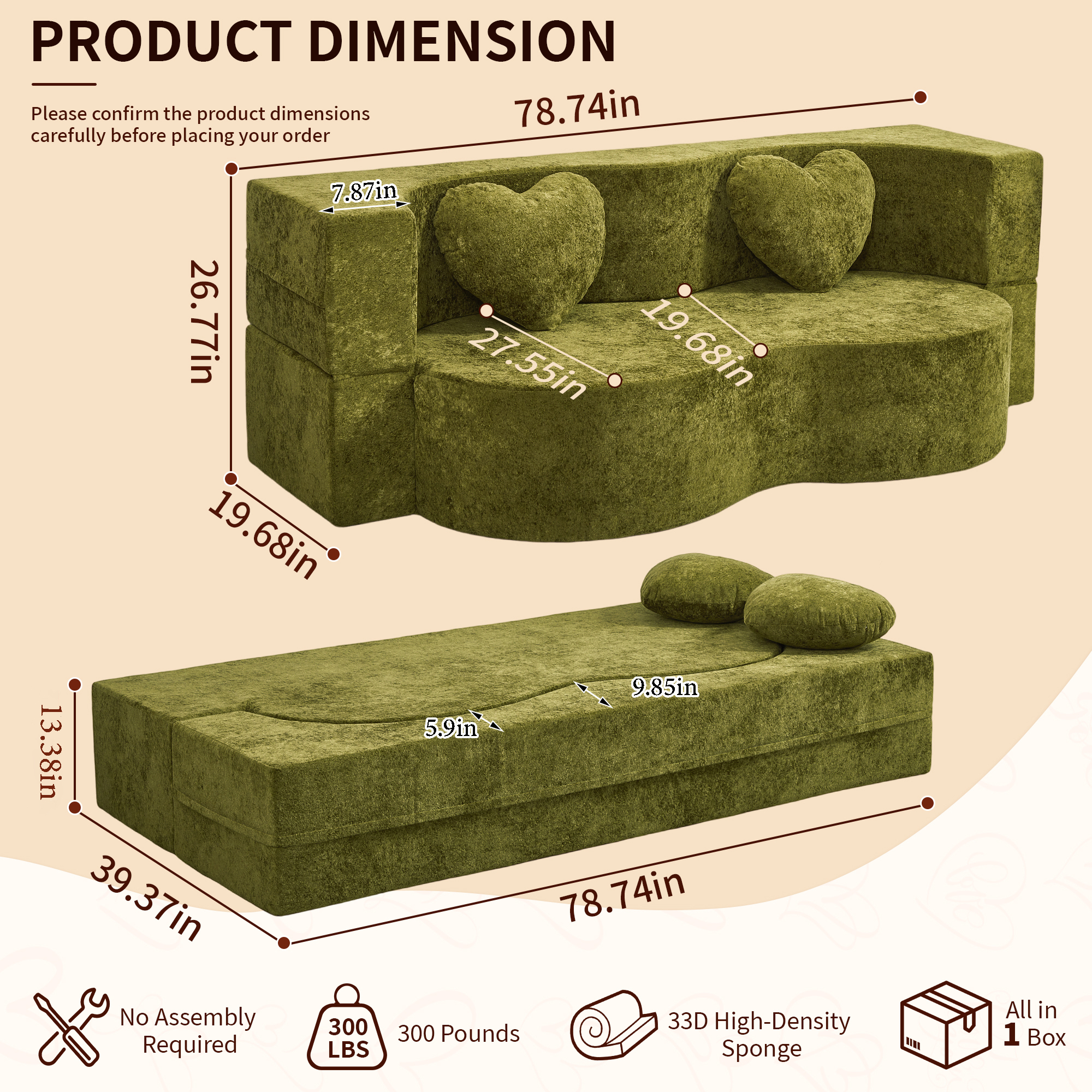 78.74"W Heart-Shaped Convertible Sofa,Floor Couch,Sleeper Sofa Bed,No Assembly High-Density Sponge Loveseat with 2 Heart Pillows for Living Room, Apartment,Olive Green