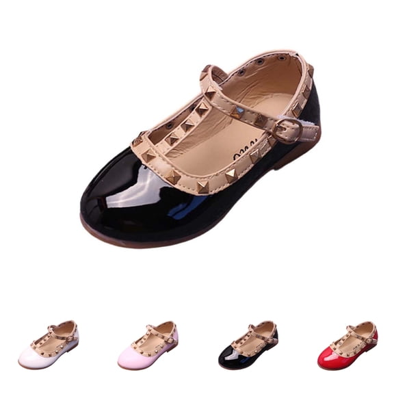 SGFCWSX Girls Mary Jane Shoes Kids Studs Patent Leather Ankle Strap Casual Daily Flats Black Size 13 Little Kids