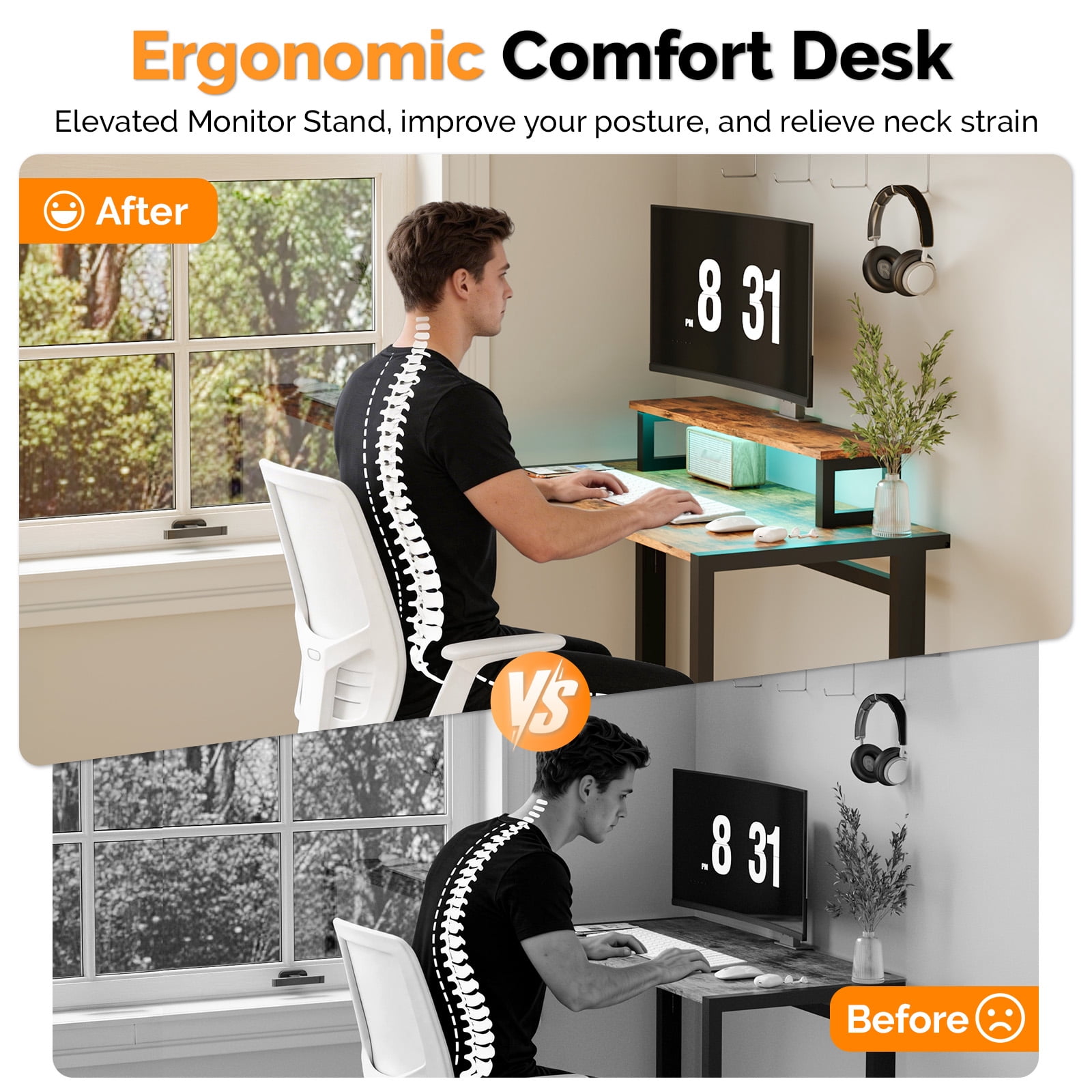 Astoutdoor Foldable Computer Desk with Shelf and Light, 31.5 in, Brown and Black