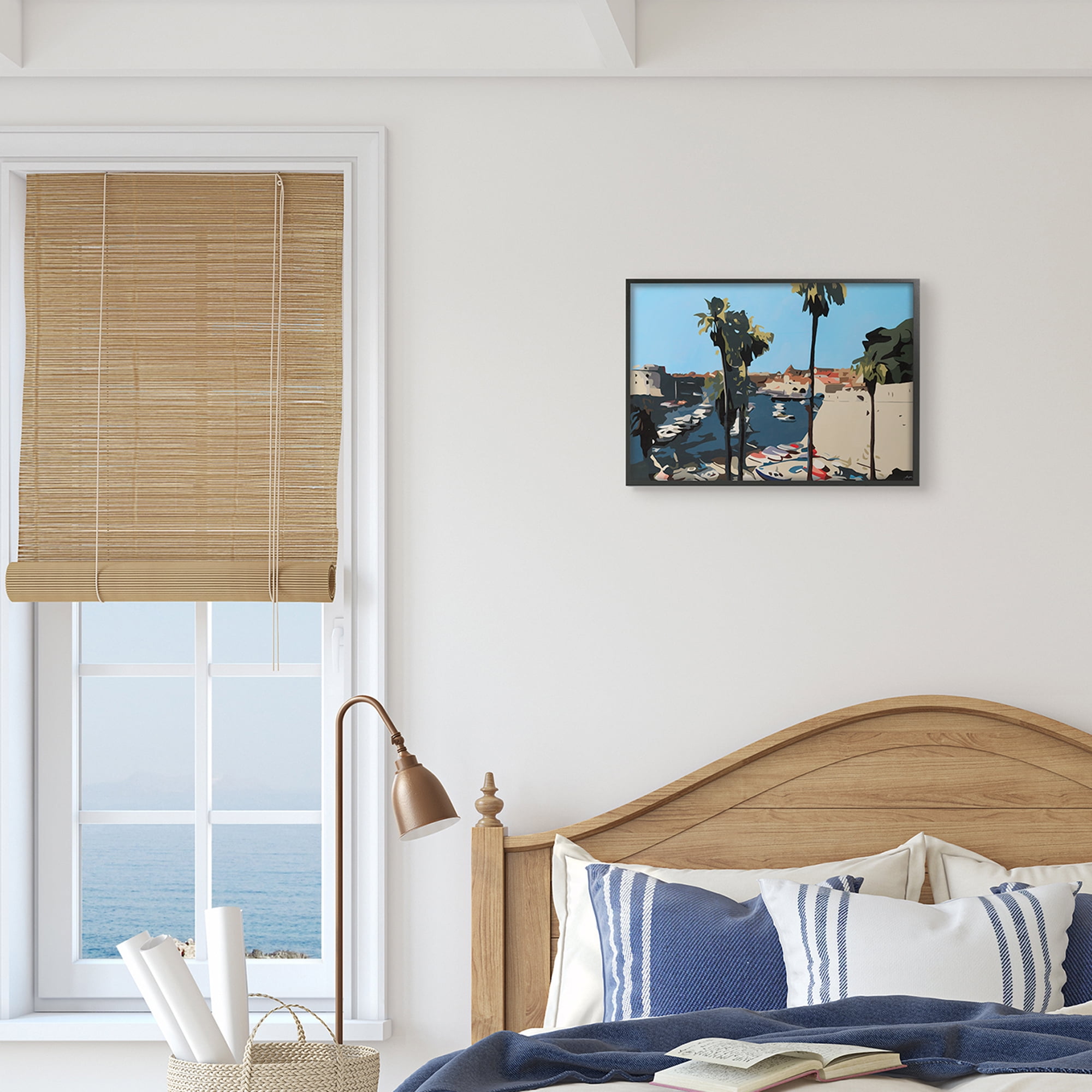 Stupell Industries Coastal City Boating Docks Tropical Palm Trees Nature Painting Black Framed Art Print Wall Art, 11 x 14
