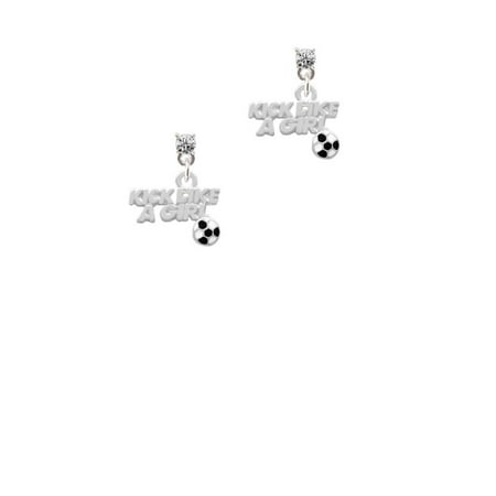 Crystal Like - Silvertone Kick Like a Girl with Enamel Soccer Ball Clear Crystal Post Earrings