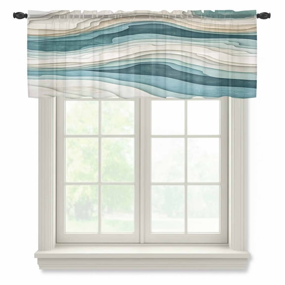Teal Green Sheer Valances for Windows Beige Gradient Wave Lines Abstract Ombre Art Semi Sheer Kitchen Valance Rod Pocket Small Window Voile Curtains for Living Room Bedroom Laundry 42 x 12 Inch