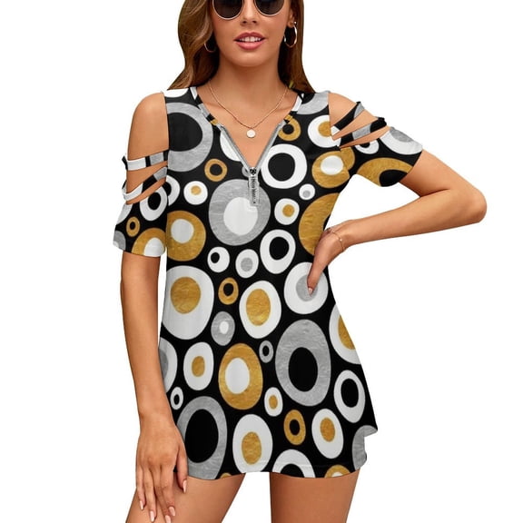 2024 Funky Mid Century Modern Circles-Gold Silver Black Women Zipper Sexy Printed Vintage T Shirts Tops Full Print T-Shirt