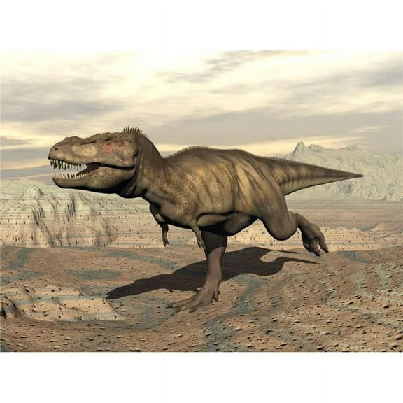 Tyrannosaurus Rex Dinosaur Running Across Rocky Terrain Poster Print - 16 x 12
