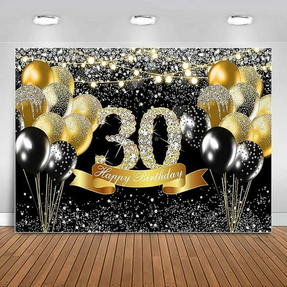 Happy 30th Birthday Backdrop Men Black and Gold Birthday Party Decorations Glitter Balloons Photography Background for Women Fabulous 30 Bday Supplies Thirty Years Old Cake Banner