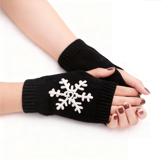 GDREDA Stylish Snowflake Pattern Knitted Fingerless Gloves Mittens For Cold Weather Warmth And Comfortable Wear Black,One Size