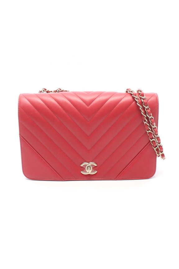 Pre-Owned Chanel Chevron V-stitch Full Flap Shoulder Bag/Handbag, Leather, Women's, Red