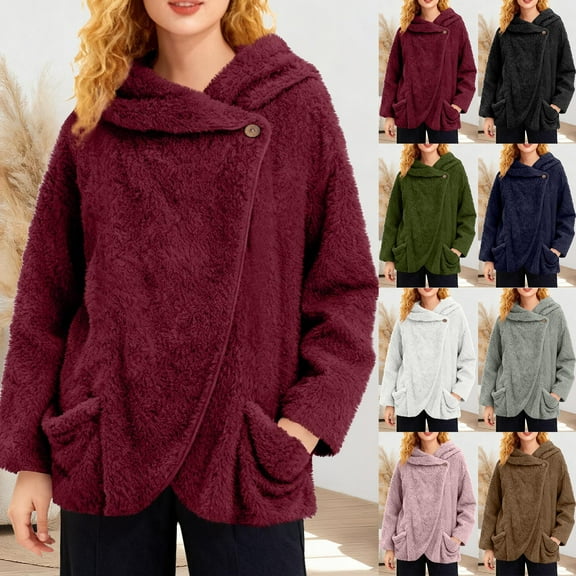 Women Fuzzy Fleece Jackets One Button Sherpa Hooded Coat Winter Warm Plush Wrap Outerwear with Pocket