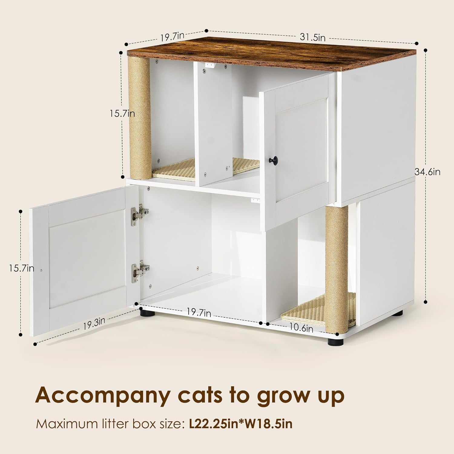 Double Cat Litter Box Enclouse, Litter Box Enclosure for 2 Cats, Cat Litter Cabinet Double Room with Scratch Post and Litter Mat, Fit Most of Litter Boxes