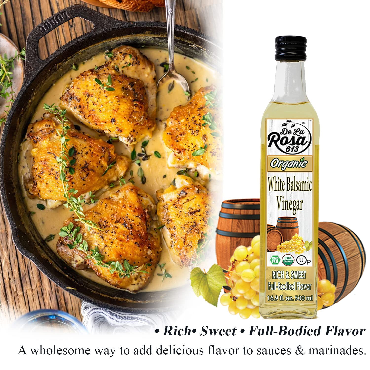 De La Rosa Organic Vinegar Variety Pack, Raspberry, Pomegranate & White Balsamic Vinegar, Vegan, Kosher, Non-GMO