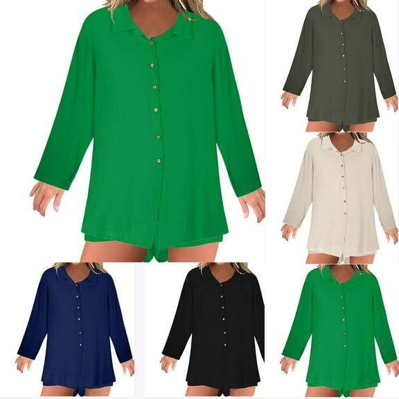 Bovxnpu Summer Casual Outfits For Women, 2 Piece Lounge Sets, Women Fashionable Solid Color Loose Casual Breasted Long Sleeved Shirt Casual Shorts Set S