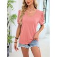 thumbnail image 6 of Womens Summer Shirt V Neck Casual Tshirts Puff Sleeve Tops for Women Solid Color XS-3XL Pink L, 6 of 8