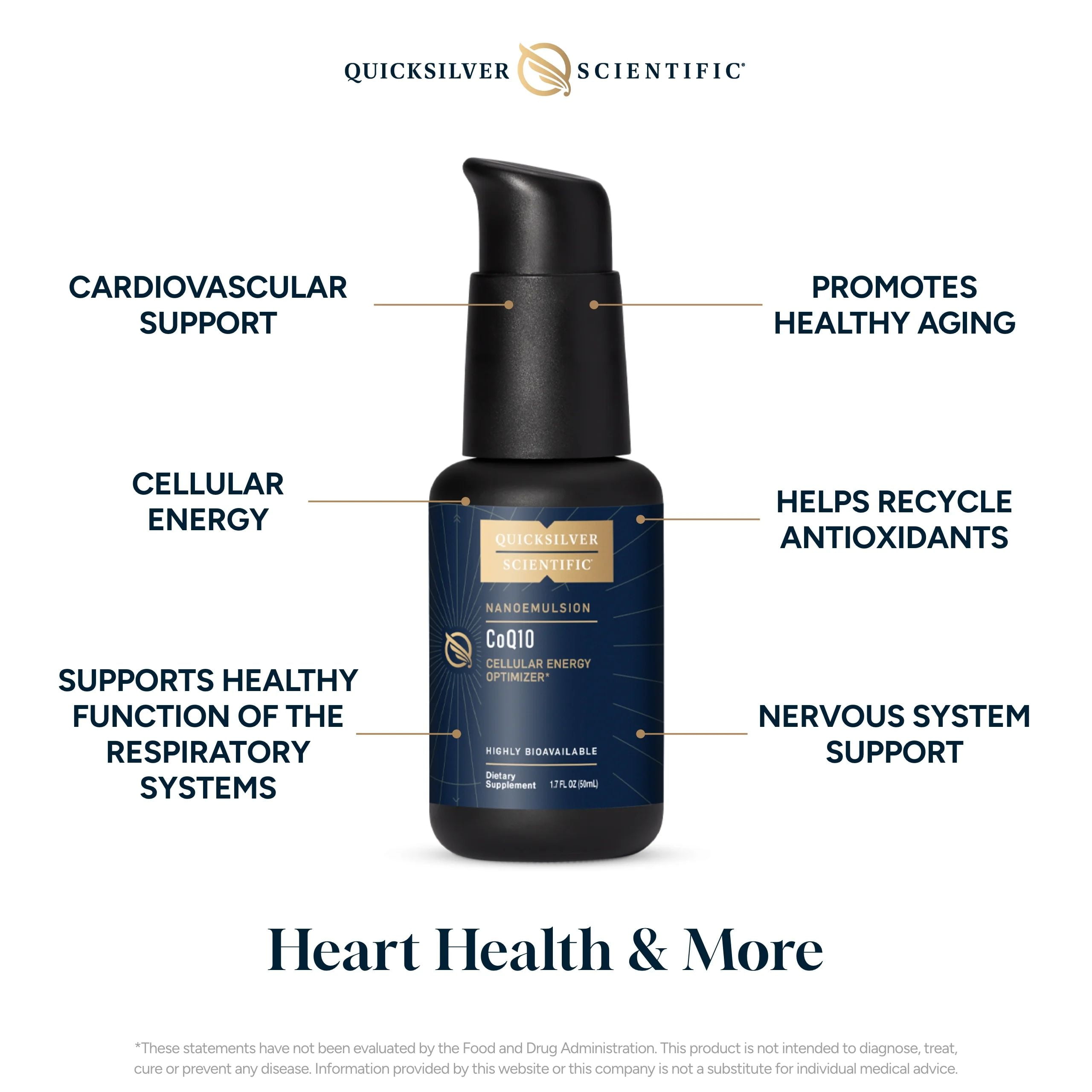 Quicksilver Scientific CoQ10 Nanoemulsion - Liposomal Coenzyme Q10 Cardiovascular Support & Cellular Energy Supplement - Fast Absorbing Liquid CoQ10 (1.7oz / 50ml)
