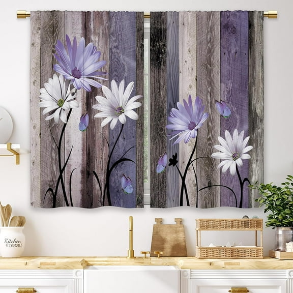 Purple Farmhouse Daisy Kitchen Curtains Wooden Flower Small Short Cafe Window Curtains Rustic Floral Butterfly Country Barn Bathroom Drapes Treatment Tier Curtains 2 Panels (27.5x36 Inch)