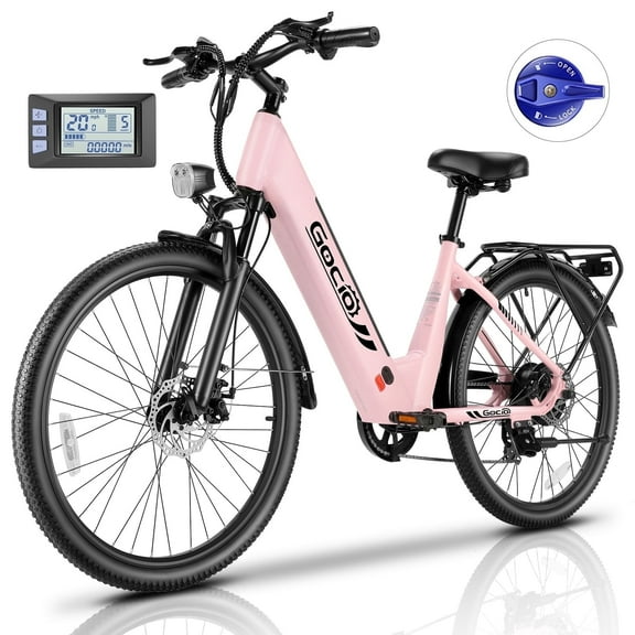 Gocio Peak 750W Step Thru Electric Bike for Adults, 26" x 2.1" Frame, 48V 499Wh Waterproof Battery, Lockable Suspension Fork, LCD, Cruiser Style, Max 19.8 Mph Commuter Pink Ebike, UL2849 Certified