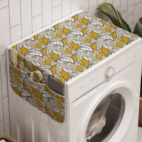 Botanical Washing Machine Organizer, Pastel Leaf Branches Harvesting Autumn Season Toned Gardening Theme, Anti-slip Fabric Top Cover for Washer and Dryer, Dust and Earth Yellow, by Ambesonne