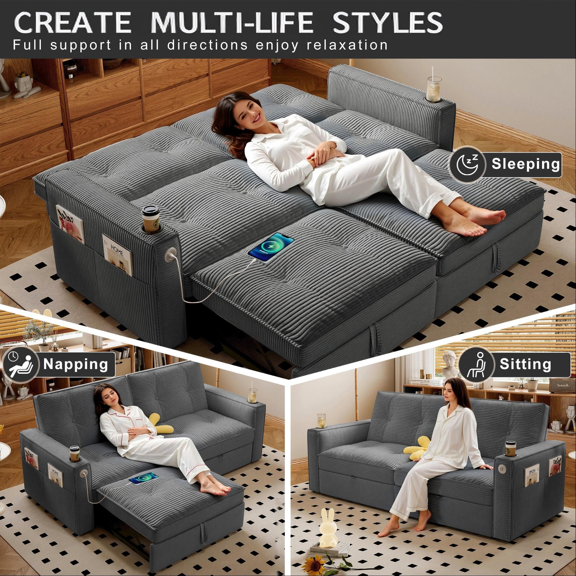 Kosynda 73"W Pull Out Couch with Charging and Cup Holder, 2 in 1 Convertible Sofa Bed with Storage Pockets, Folding Loveseat Sleeper Sofa for Living Room, Office, Small Space, Gray
