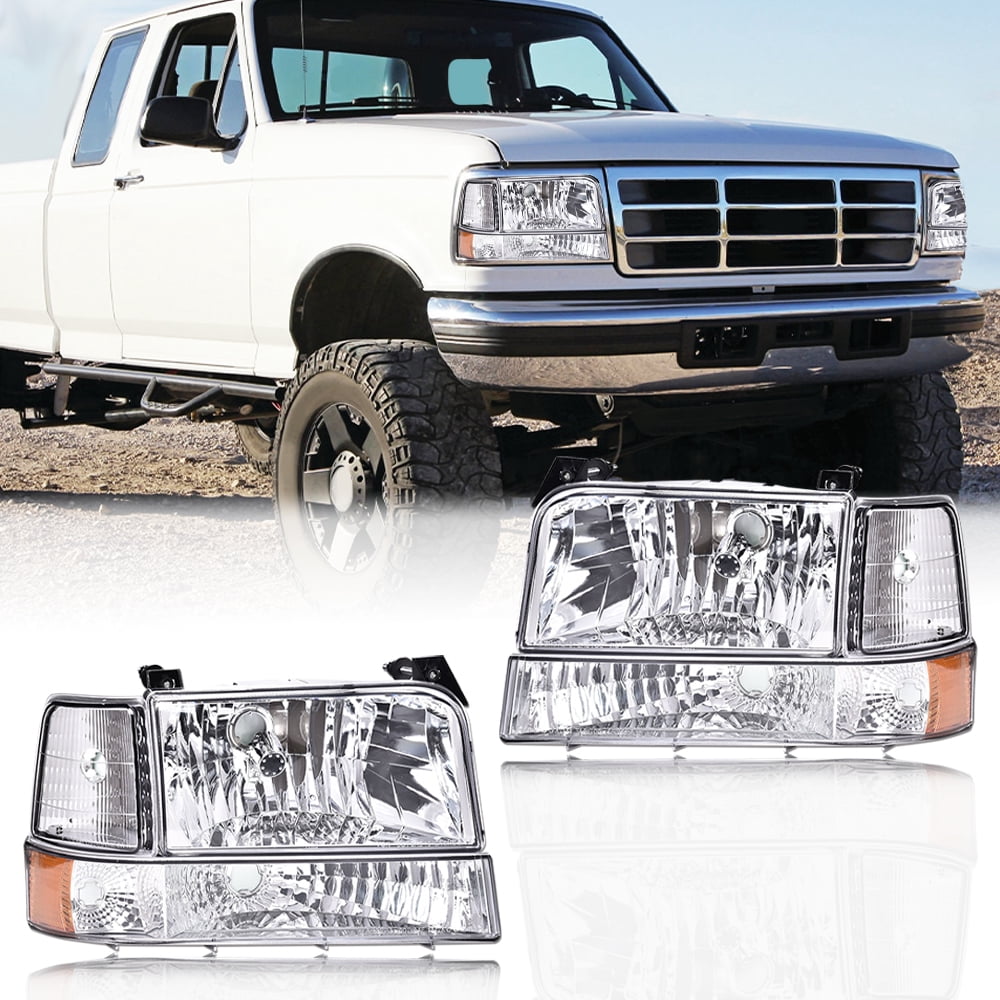 PIT66 Headlights w/Corner Signal Lamp Bumper Lamps Fit for 1992-1996 Ford F150 F250 F350 Bronco Clear Lens Chrome Housing Amber Reflector