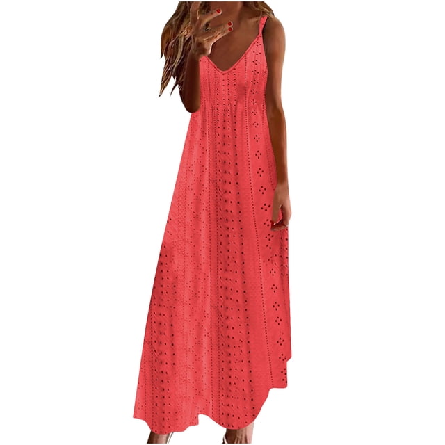 Besolor Robes Camisole pour Femmes Été Broderie Anglaise Col en V Sans Manches Robe Maxi Décontractée Ample Vacances Plage Robe d'Été