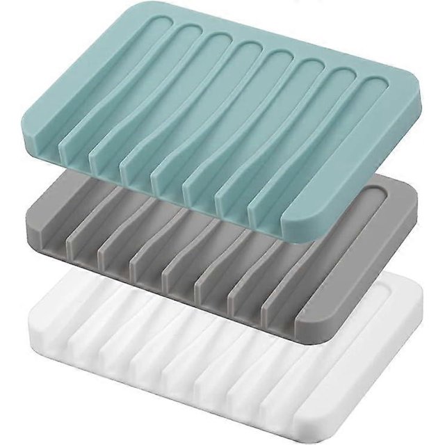 Jaboneras autodrenantes, 3 unidades de silicona, escurridor de jabón en cascada, mantiene las pastillas de jabón limpias y secas (blanco, gris, verde azulado), 11,5 x 8 x 1 cm