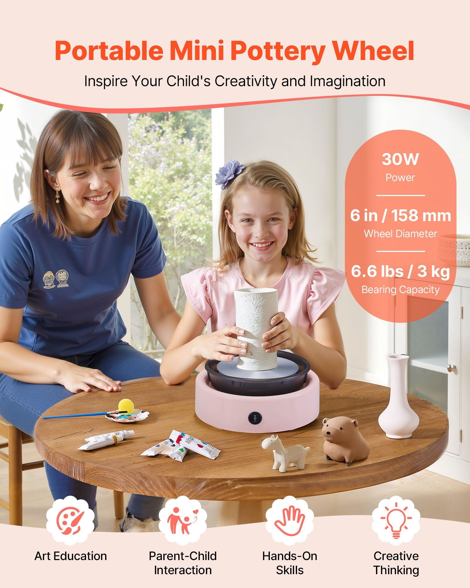 Mini Pottery Wheel 6 Inch Turntable Adjustable Speed Forward Reverse Rotation Electric Clay Wheel with Shaping Tools for Kids Beginners Home DIY Pottery Classes Pink