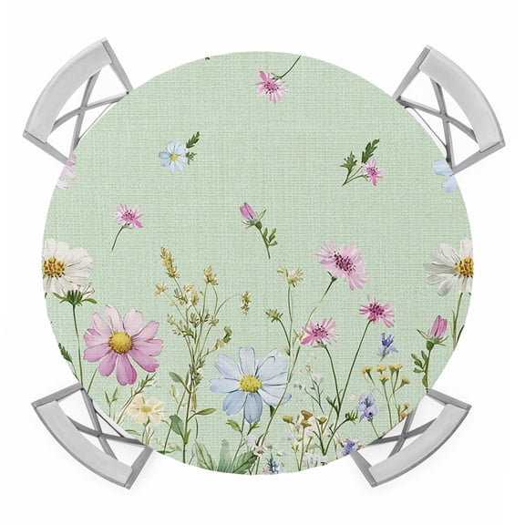 Flower Green Round Tablecloth for 55-60 Inch Tables,Fitted Table Cover with Elastic Edge,Blue Pink Daisy Wildflower Floral Botanical Waterproof Outdoor Table Cloth Protector for Patio Garden Dinner