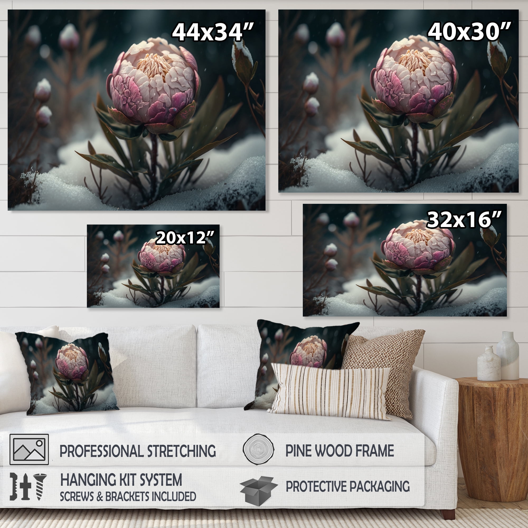 Designart A Blooming Pink Peony Flower In Winter II Canvas Wall Art