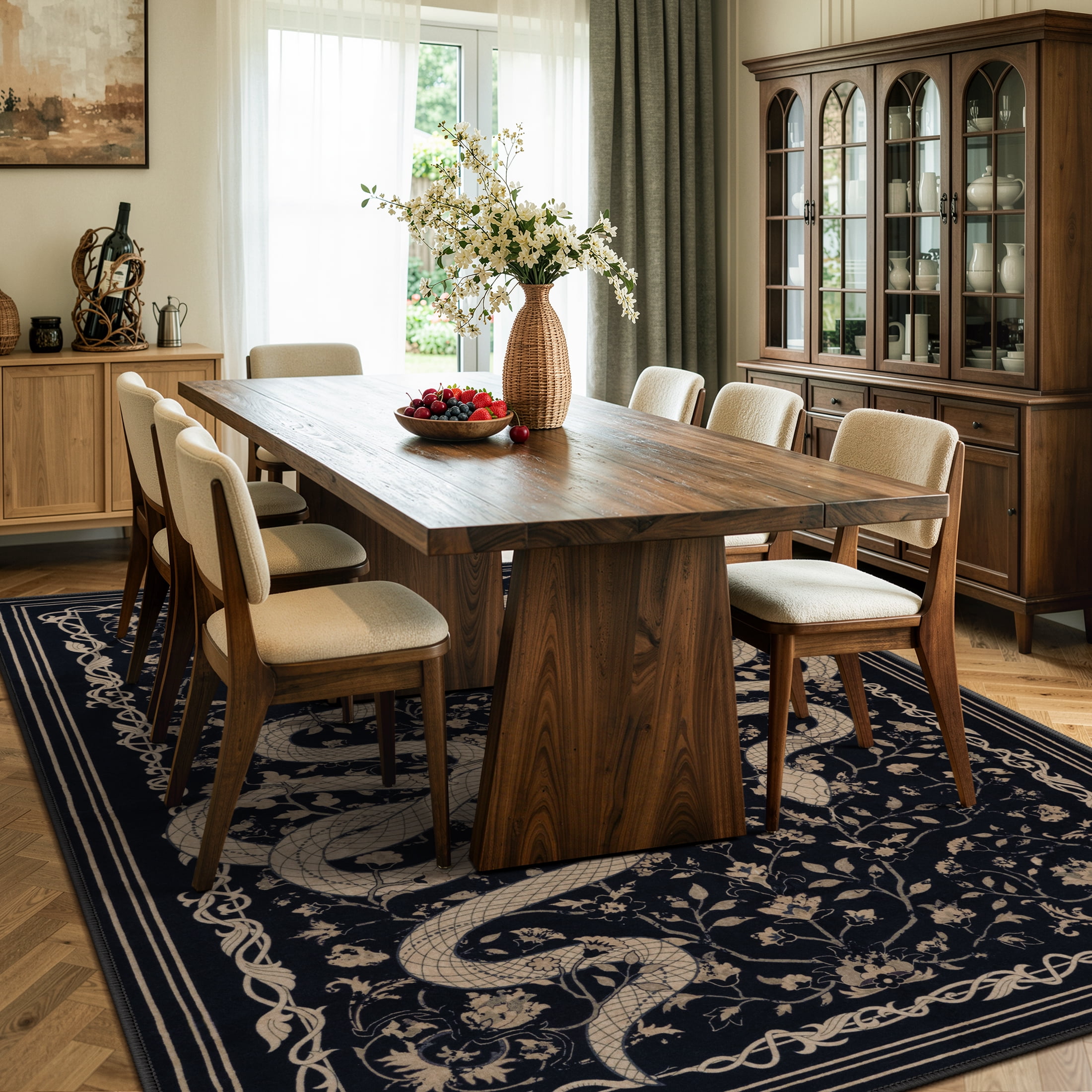 Moynesa Vintage Snake 8'x10' Large Area Rug for Living Room, Washable Black Floral Rug Botanical Statement Accent Carpet for Bedroom Dining Room Home Office Non Slip Stain Resistant Low Pile