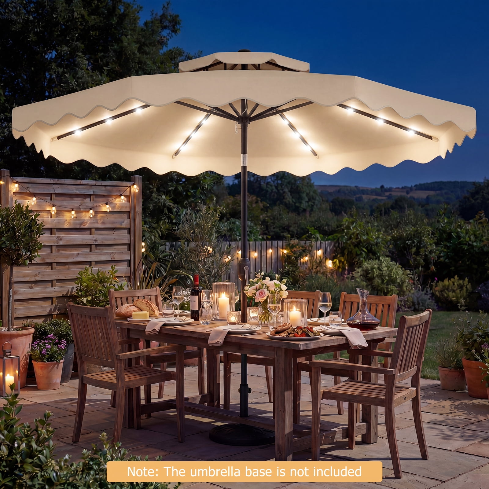 Costway 9 FT Solar LED Patio Umbrella, Push-Button Tilt & Crank, 24 LED Lights & 8 Ribs Beige