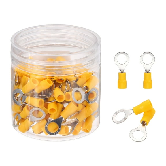 Uxcell 100Pcs Insulated Ring Terminal RV1.25-6 Battery Lugs 22-16AWG Electrical Crimp Terminals Eyelet Wire Connectors for Industrial, Electrical Wiring, Yellow