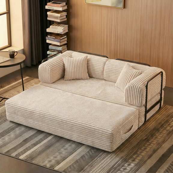 Compression Corduroy Convertible Floor Sofa Bed - Pillow Back Support & Armrest, Comfy Boneless Modular Loveseat Futon for Living Room & Bedroom,Beige