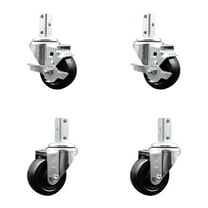 3 Inch Hard Rubber Wheel Swivel 7/8 Inch Square Stem Caster Set 2 Brakes SCC
