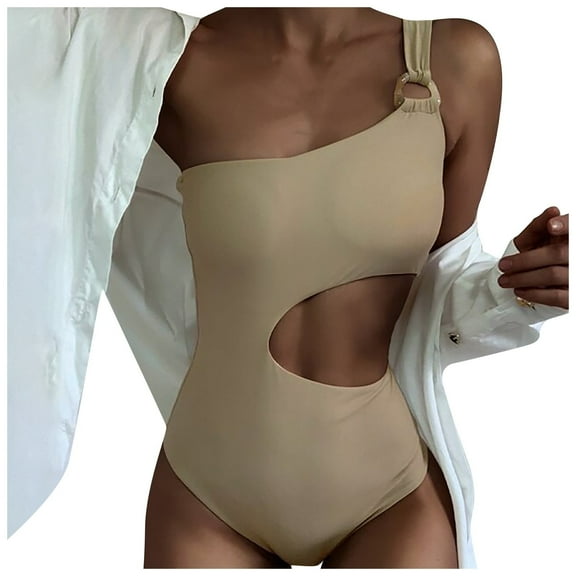 DOPI Bikini Solid Color One-Piece Swimsuit Female Sense Waistless One Shoulder Two-co