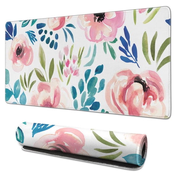 Pink Flowers with the Blue Leaves Mouse Pads Pad Mouse Waterproof Washable for Office Home Work Gaming Table Tables Mousepads Rubber Base Mousepad with Stitched Edges 35.4x15.7inches