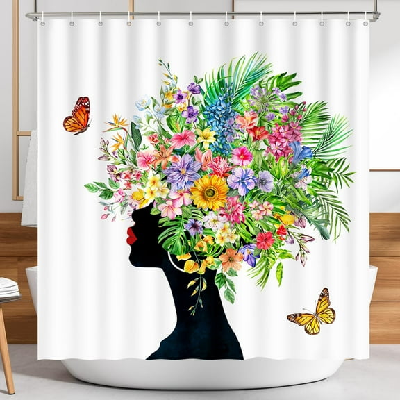 Shower Curtain Afro African American, Black Girls Shower Curtain, Flowers Shower Curtains for Bathroom Decor, Waterproof Fabric Polyester Modern Shower Curtain Set with 12 Hooks, 72" x 72"