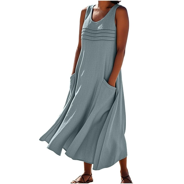 Htigea Robes d'Été pour Femmes en Coton et Lin, Robe Maxi Décontractée Sans Manches, Grande Taille, Boho, Plage, Robe de Soleil Ample, Voyage, Vacances, Gris, 2TG