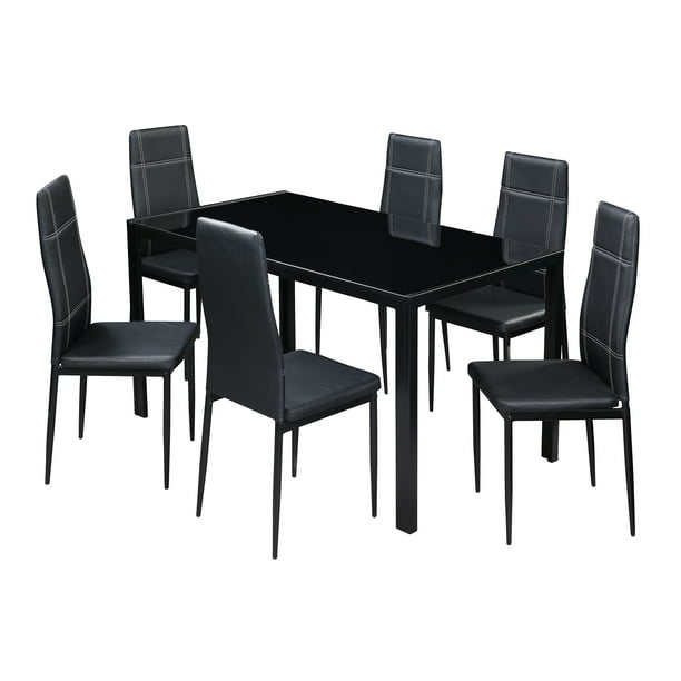 Kitchen Dining Table Set With Tempered, Dining Table And 6 Black Leather Chairs