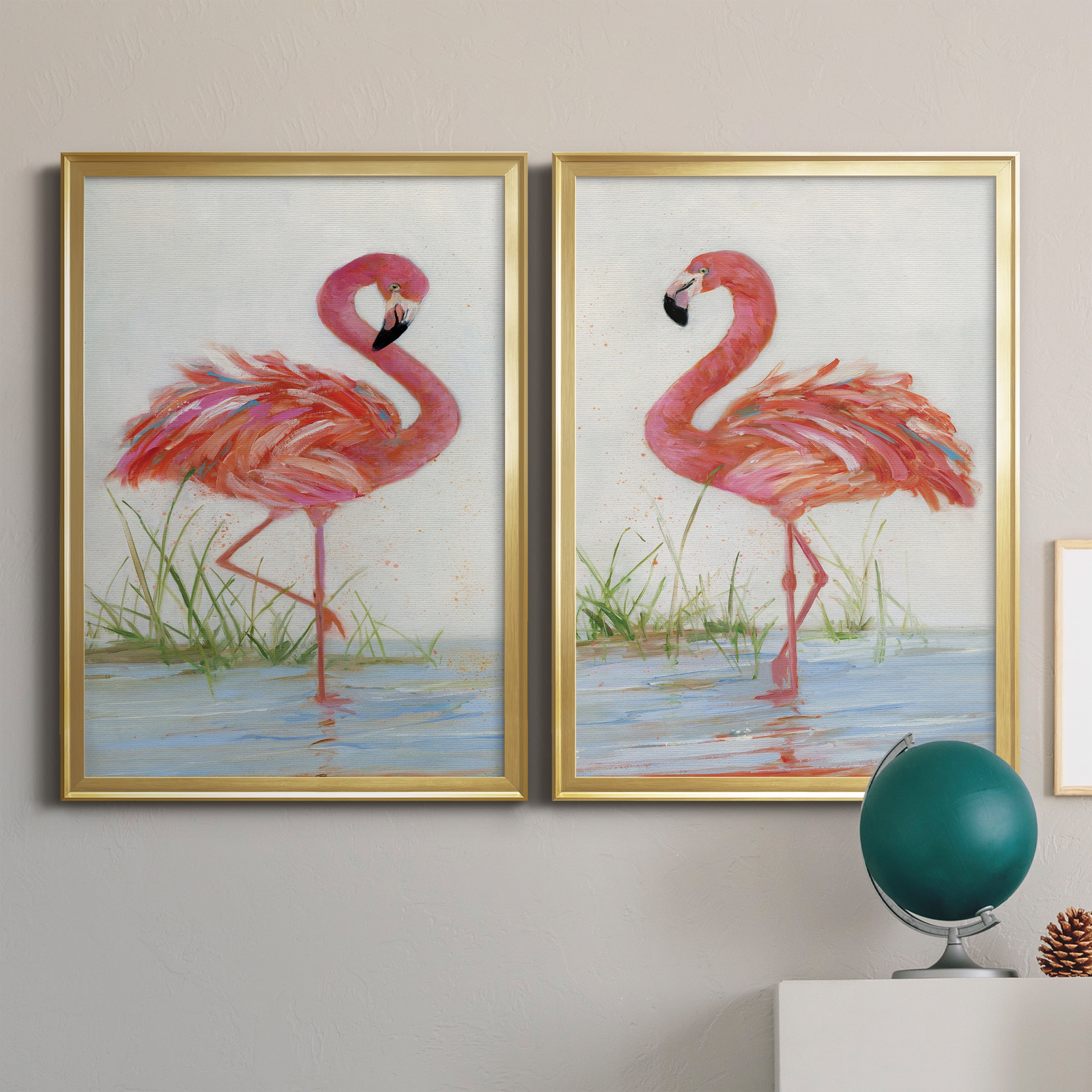 2 Piece Set Flamingo I Premium Framed Canvas - Ready to Hang - 26.5 x 36.5 Each - Gold Frame