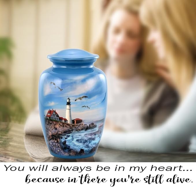 Lighthouse Large Adult Cremation Urn for Ashes, Blue Memorial Urn with Velvet Bag