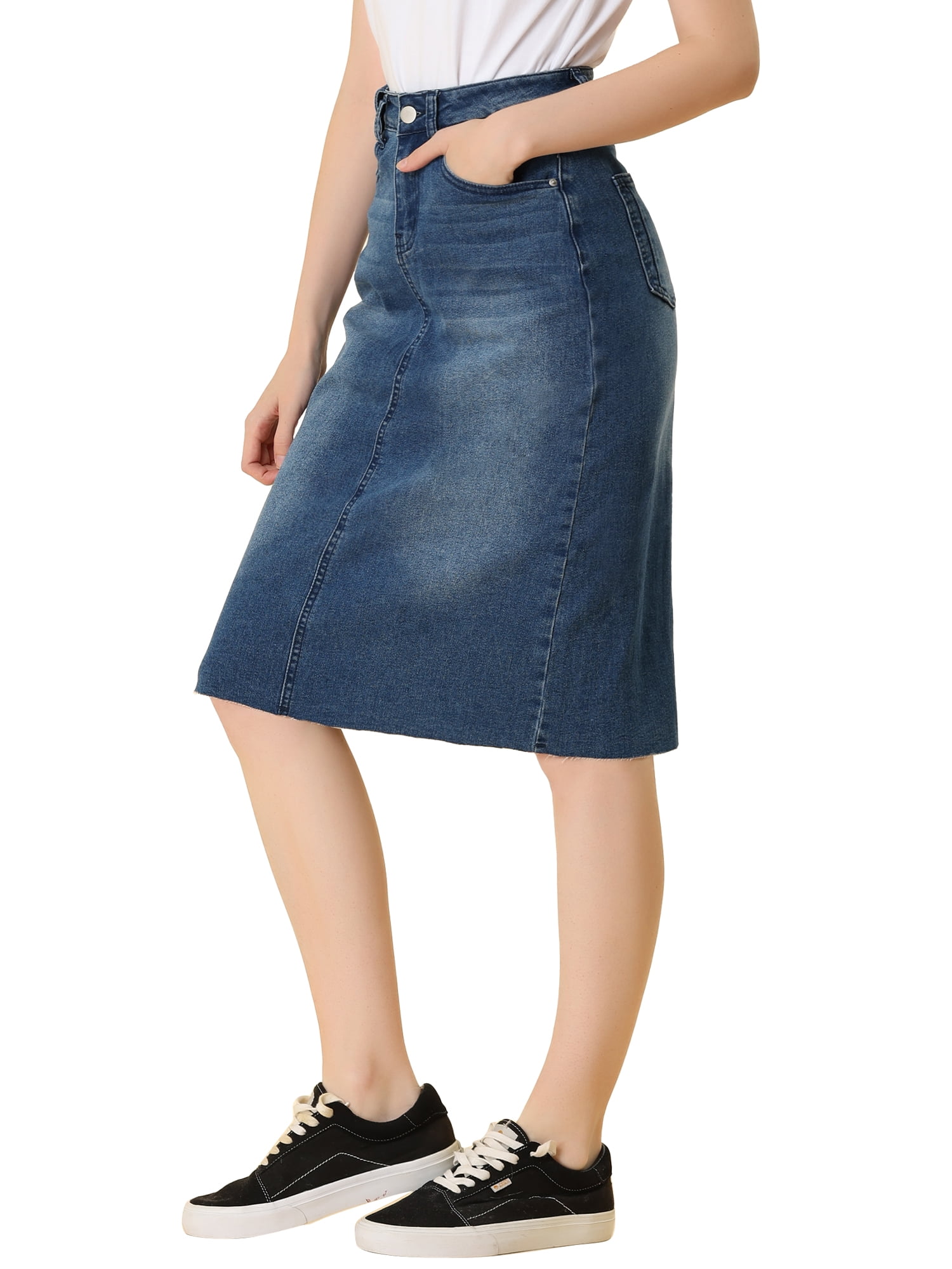 DARING DIVA Women's Jean Back Vent Midi Length Denim Skirts M M-Blue