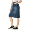 thumbnail image 4 of MODA NOVA Juniors Solid Elastic High Waist Back Vent Knee Length Denim Skirt, 4 of 6