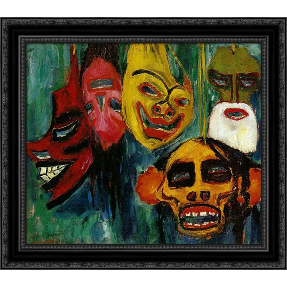 FrameToWall - Mask Still Life III 20x20 Black Ornate Wood Framed Canvas Art by Nolde, Emil