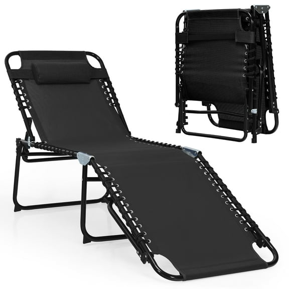 Costway Folding Lounge Chaise 16'' High Recline Chair W/Adjustable Backrest and Footrest Black