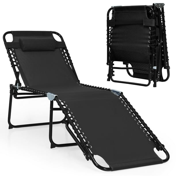Costway Folding Beach Lounge Chair Heightening Design Patio Lounger w/  Pillow 
