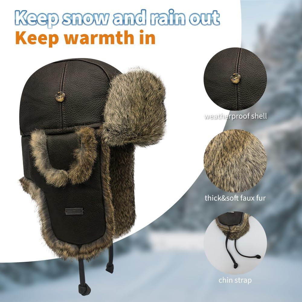 Winter Trapper Hat,Faux Rabbit Fur Knit Sheepskin Russian Trooper Aviator Hats Hunting Ski Ushanka Hat with Ear Flaps