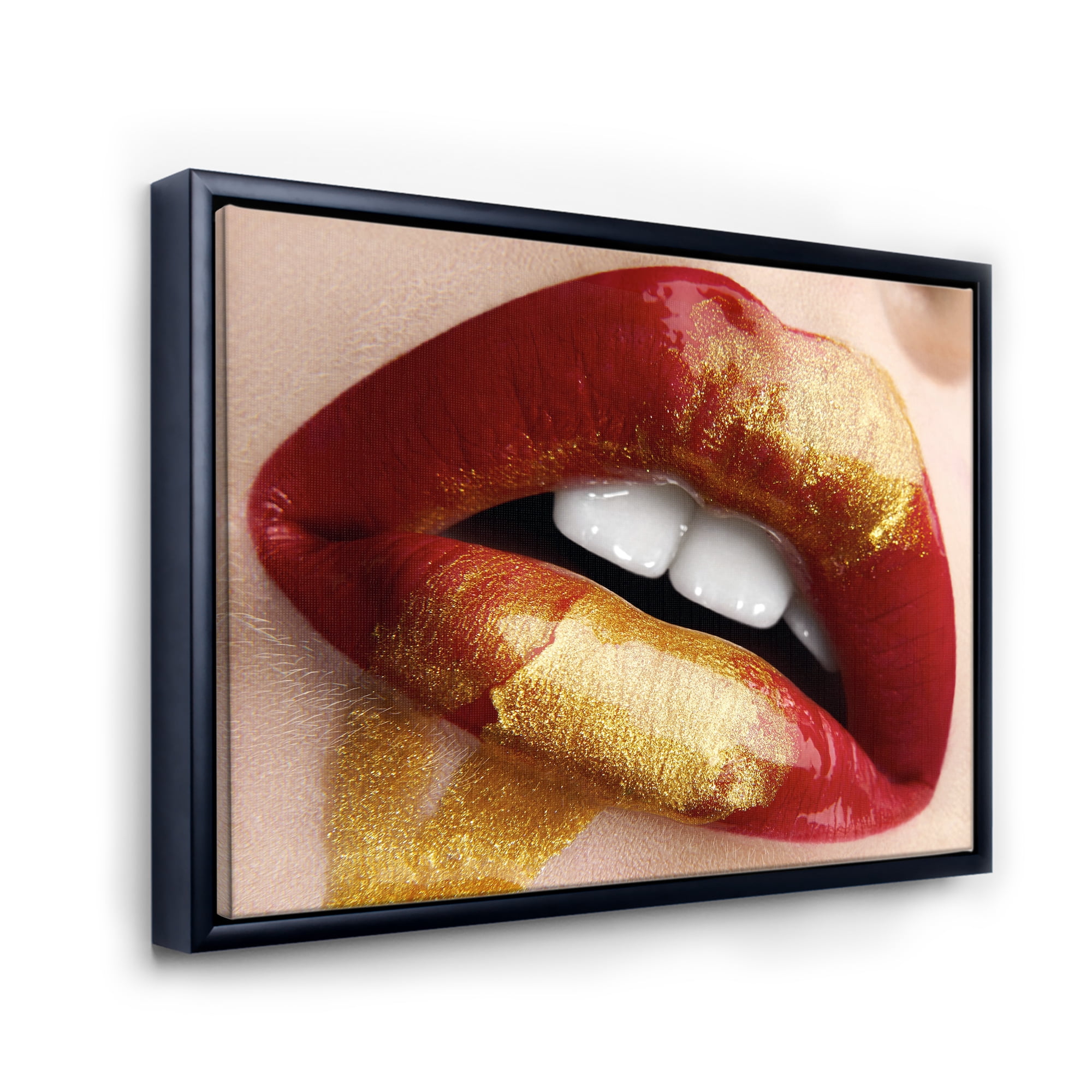 Designart 'Plump Woman Lips With Gold and Red' Modern Framed Canvas Wall Art Print